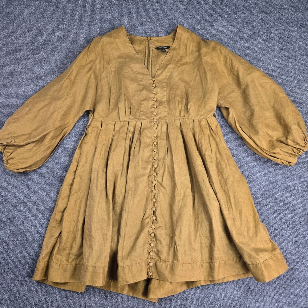 Banana Republic Linen Dress Women's 10 Brown Balloon Sleeve Button Front Midi
